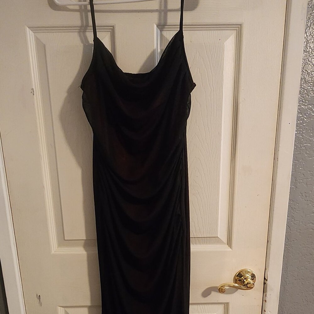 Elegant Black Iridescent Ruched Maxi Dress with Cowl Neck